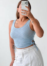 Size XS-S Light Blue Eyelet Tie-Side Crop Top