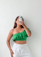 Size S Green Off-Shoulder Ruffle Crop Top
