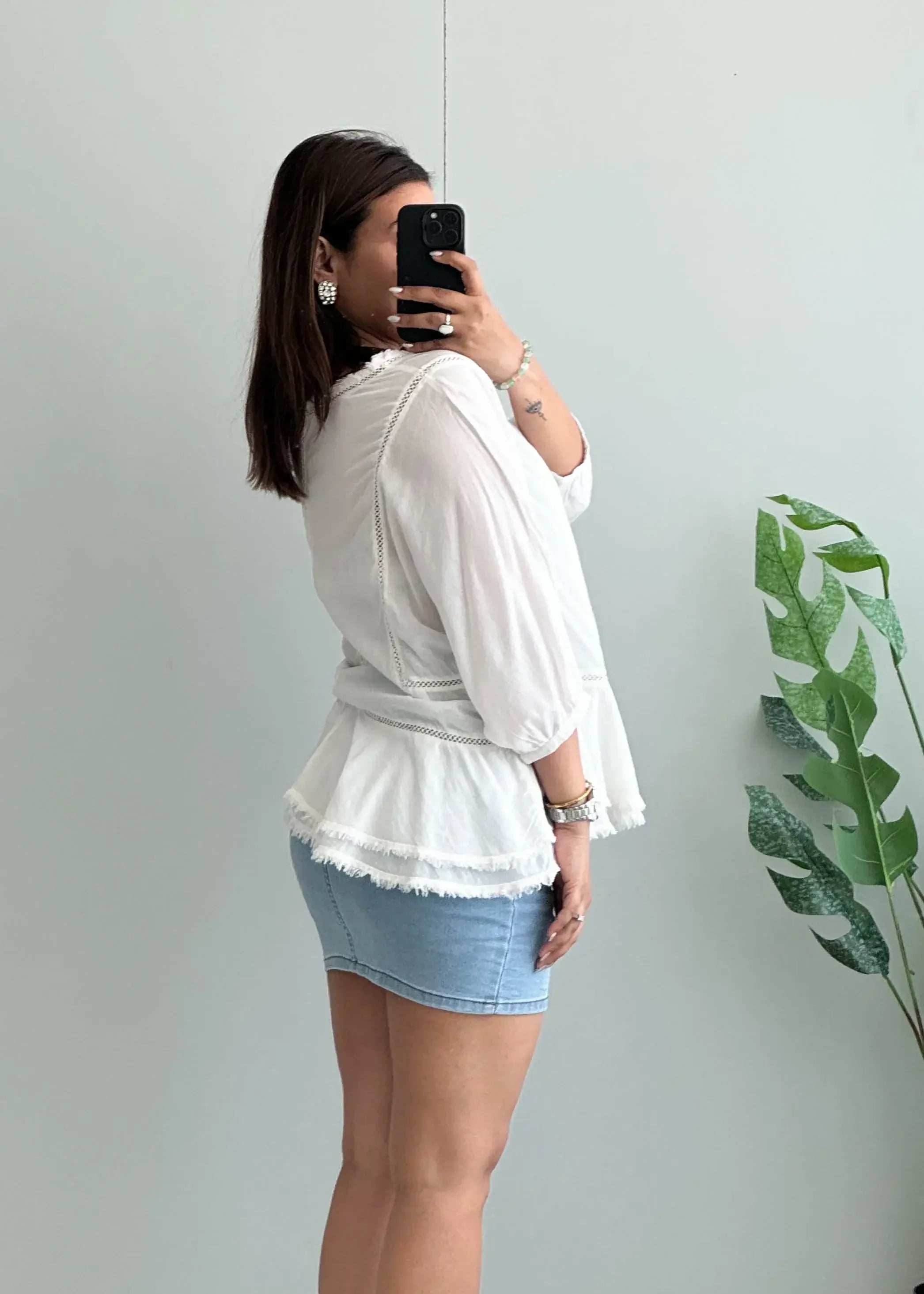 Size M-L, White Cotton Flowy Peplum Top with Puff Sleeves - Closet by Payal
