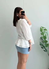 Size M-L, White Cotton Flowy Peplum Top with Puff Sleeves - Closet by Payal