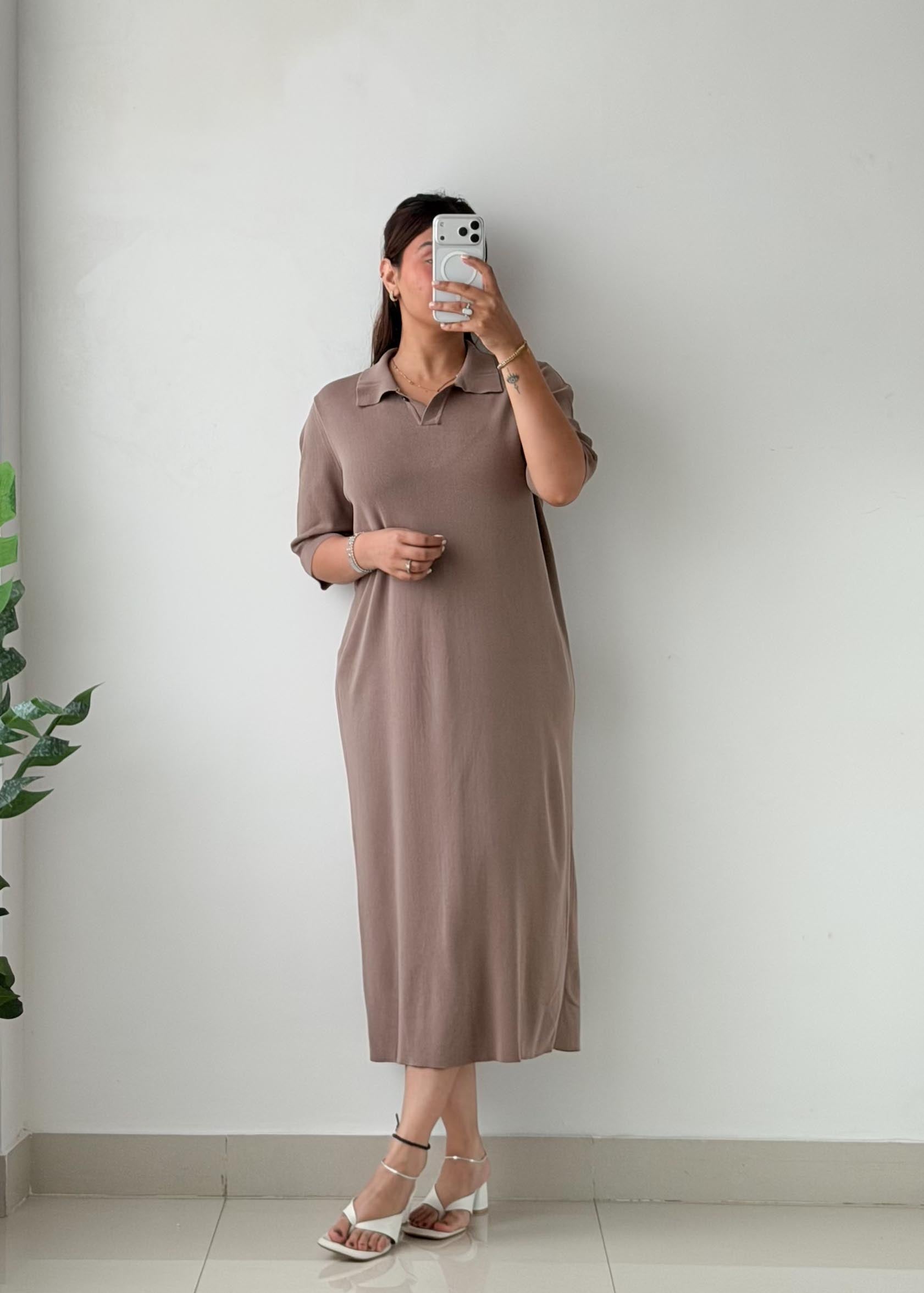 Size L-XL Taupe Ribbed Polo Maxi Dress