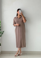 Size L-XL Taupe Ribbed Polo Maxi Dress
