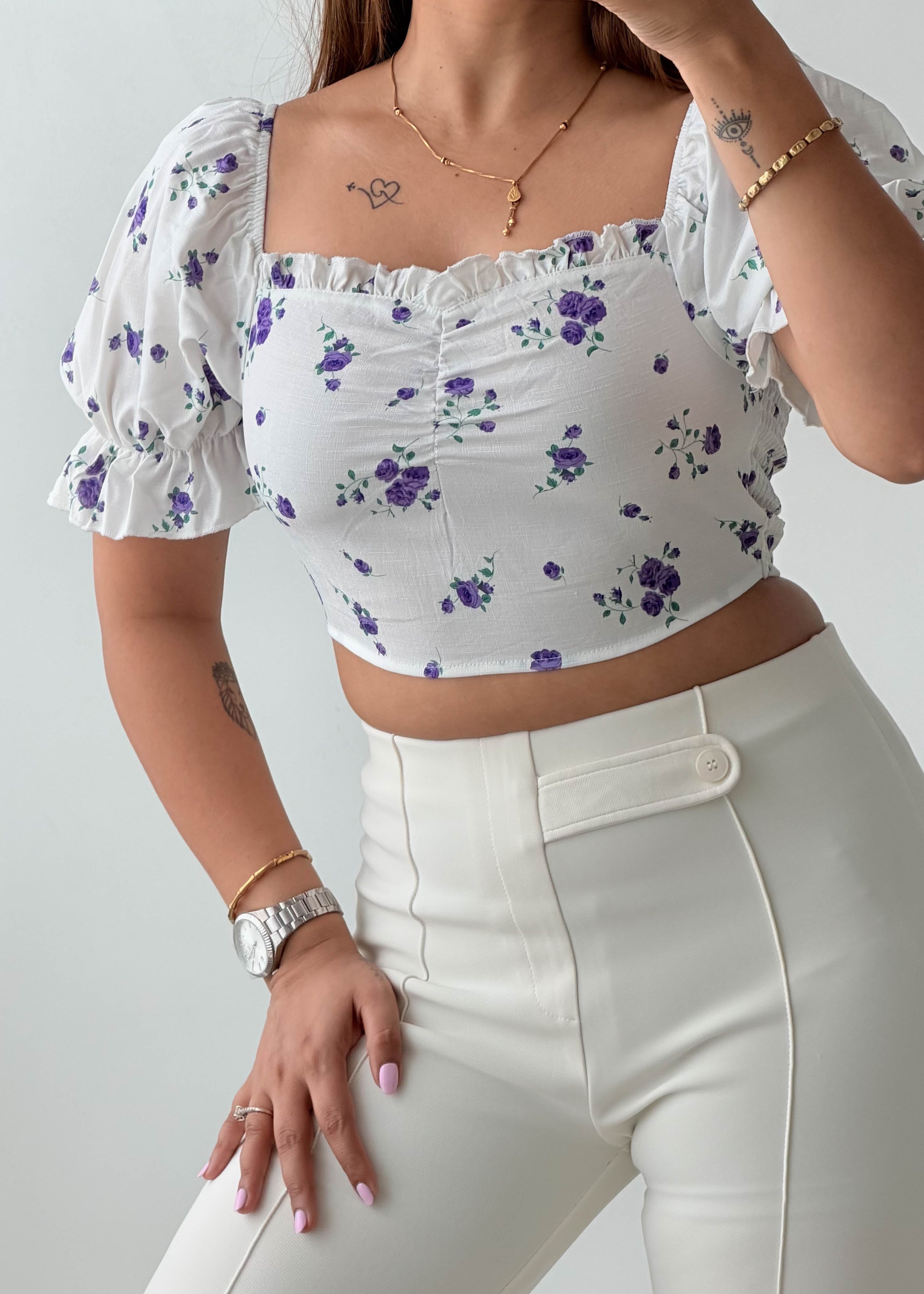 Size XS-S White Purple Floral Smocked Crop Top