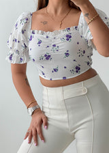 Size XS-S White Purple Floral Smocked Crop Top