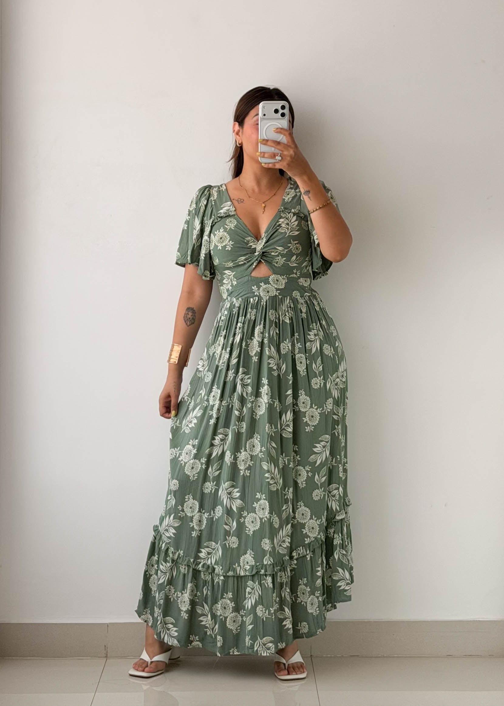 Size XS-S Sage Floral Cut-Out Maxi Dress