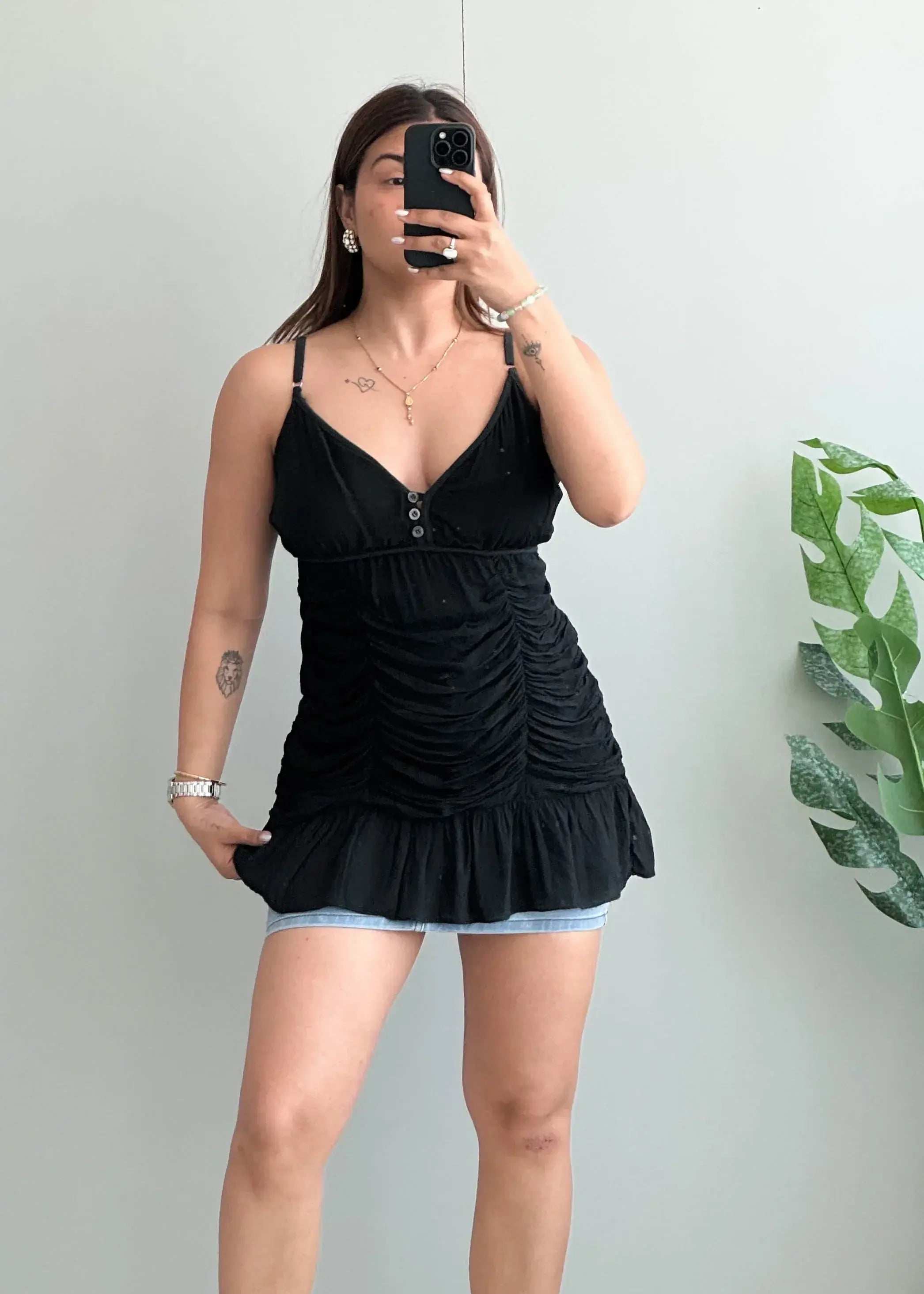 Size S-M, Black Ruched Peplum Cami Top for Women - Closet by Payal