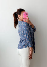 Size XS-S Blue Printed Tie-Neck Shirt Top