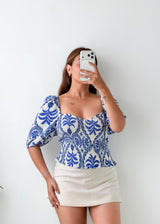 Size L-XL Blue Floral Peplum Top