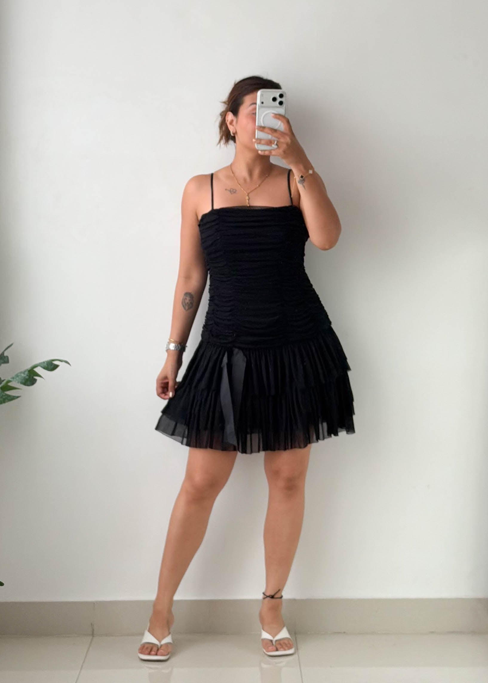 Size M Black Ruched Pleated Mini Dress