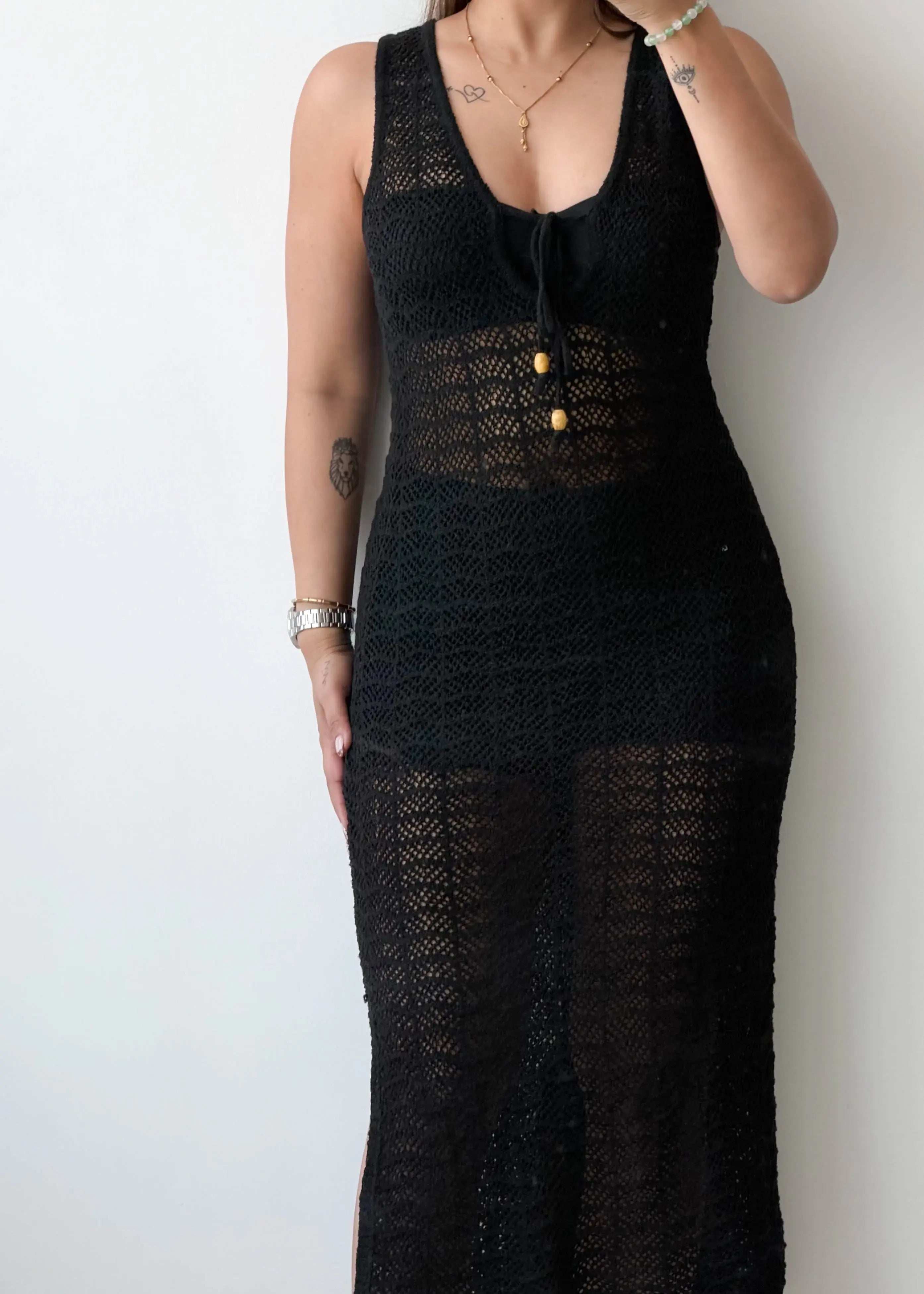 Size S-M, Black Crochet Maxi Dress