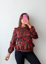 Size S-M Black Red Floral Peplum Top