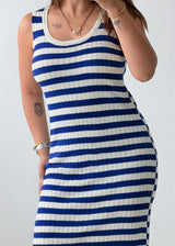 Size M-L Blue Stripe Ribbed Midi Dress