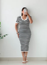Size XS-M Black Striped Ribbed Midi Dress