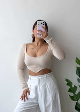 Size XS-S, Cream Long Sleeve Crop Top