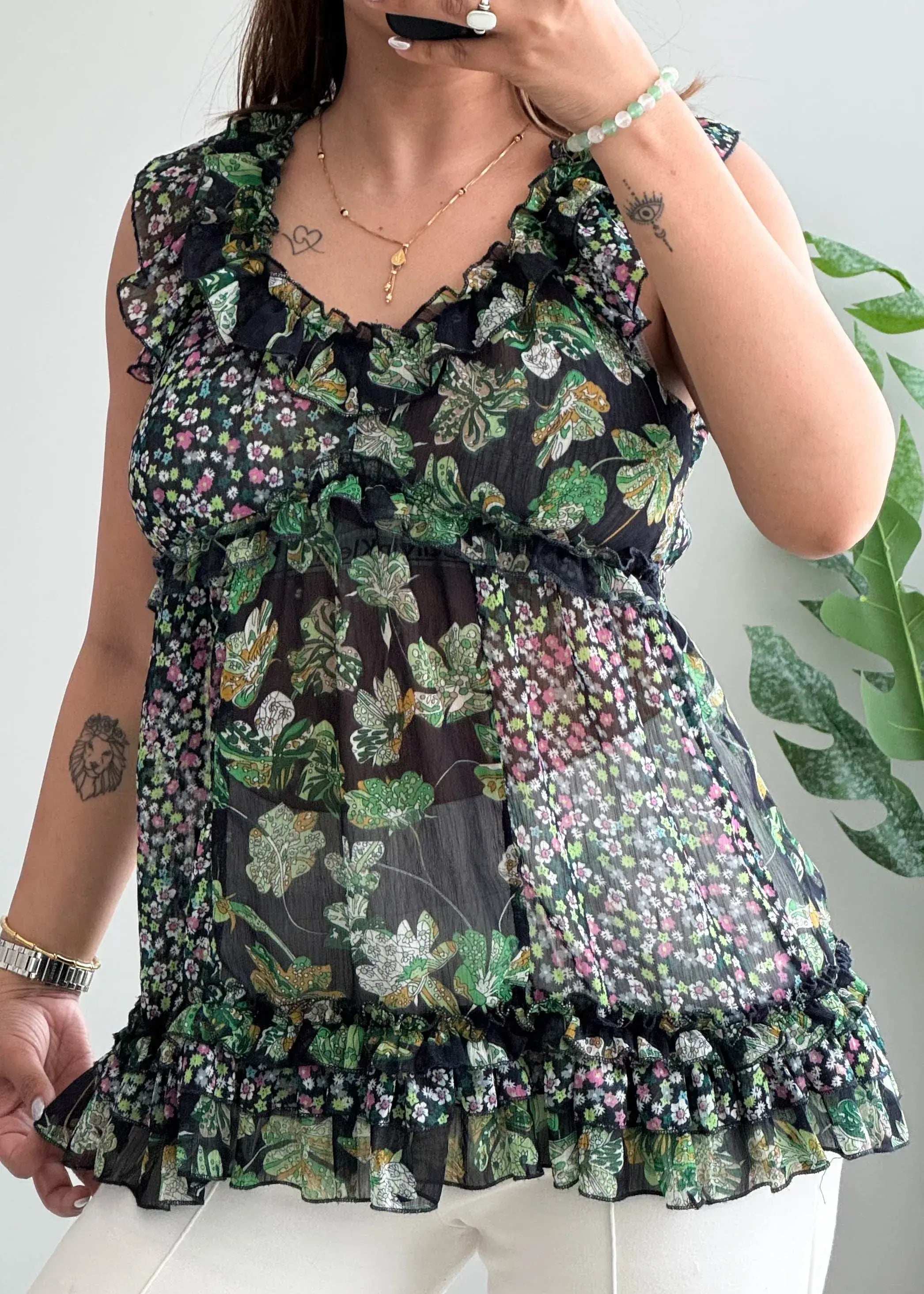 Size XS-S, Green Floral Ruffle Sleeveless Peplum Top for Women - Closet by Payal
