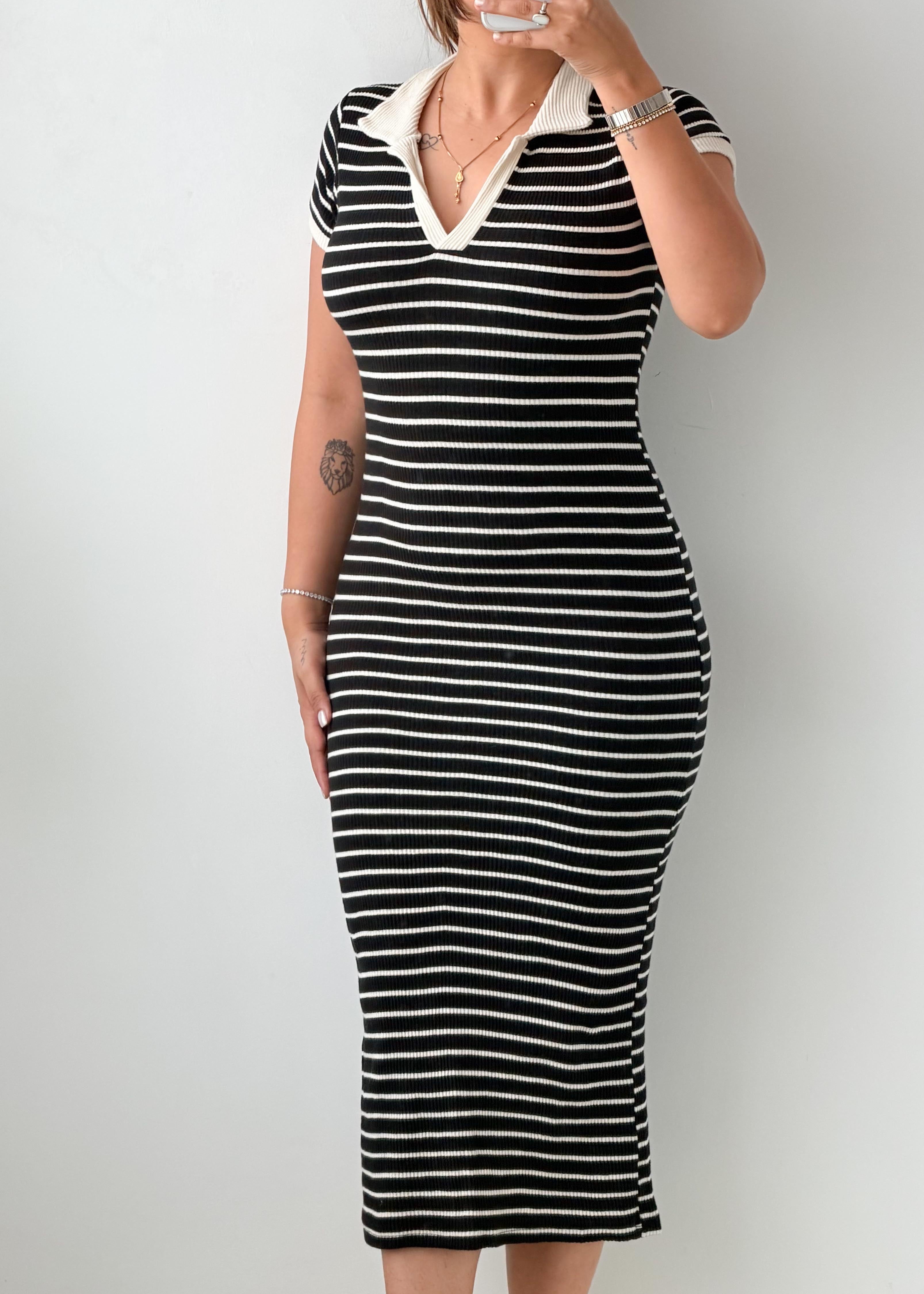 Size XS-S Black & White Striped Ribbed Midi Dress