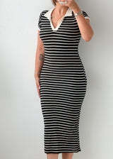 Size XS-S Black & White Striped Ribbed Midi Dress