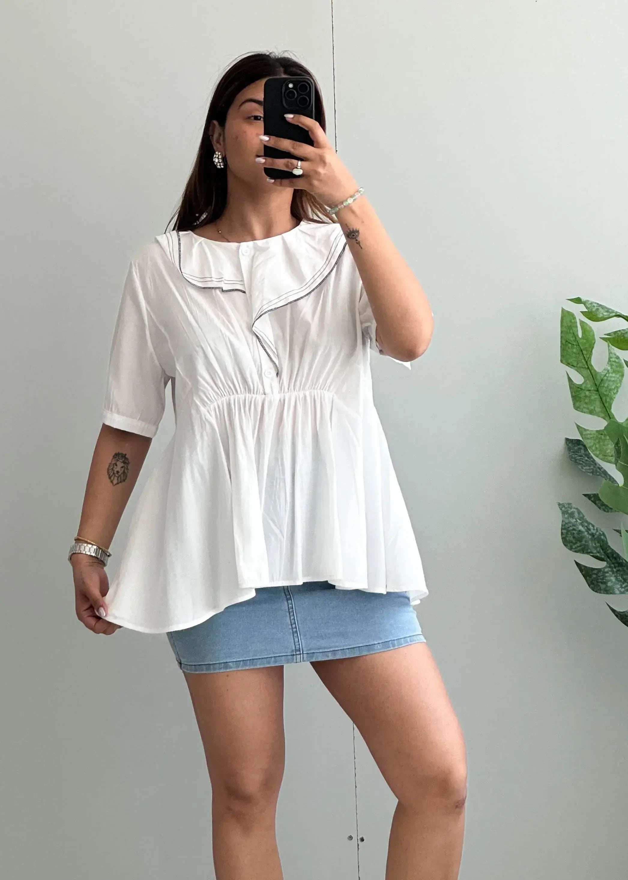 Size M-L, White Sailor Collar Peplum Top for Women - Closet by Payal