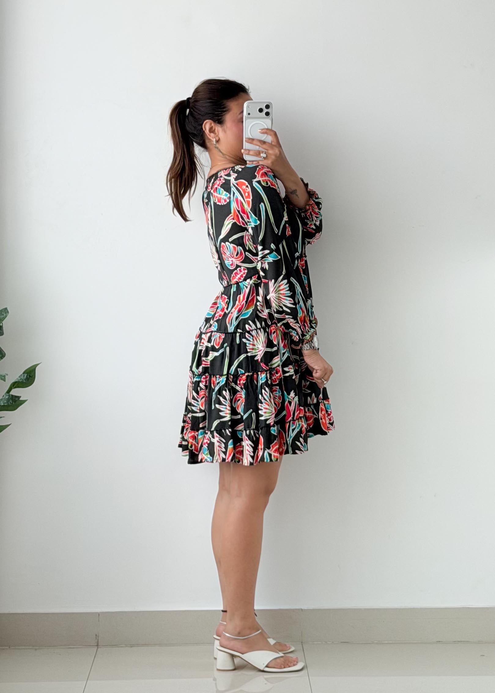 Size S-M Black Tropical Print Tiered Mini Dress