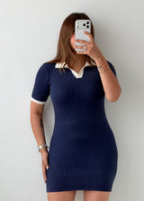 Size XS-S Navy Contrast Collar Ribbed Mini Dress
