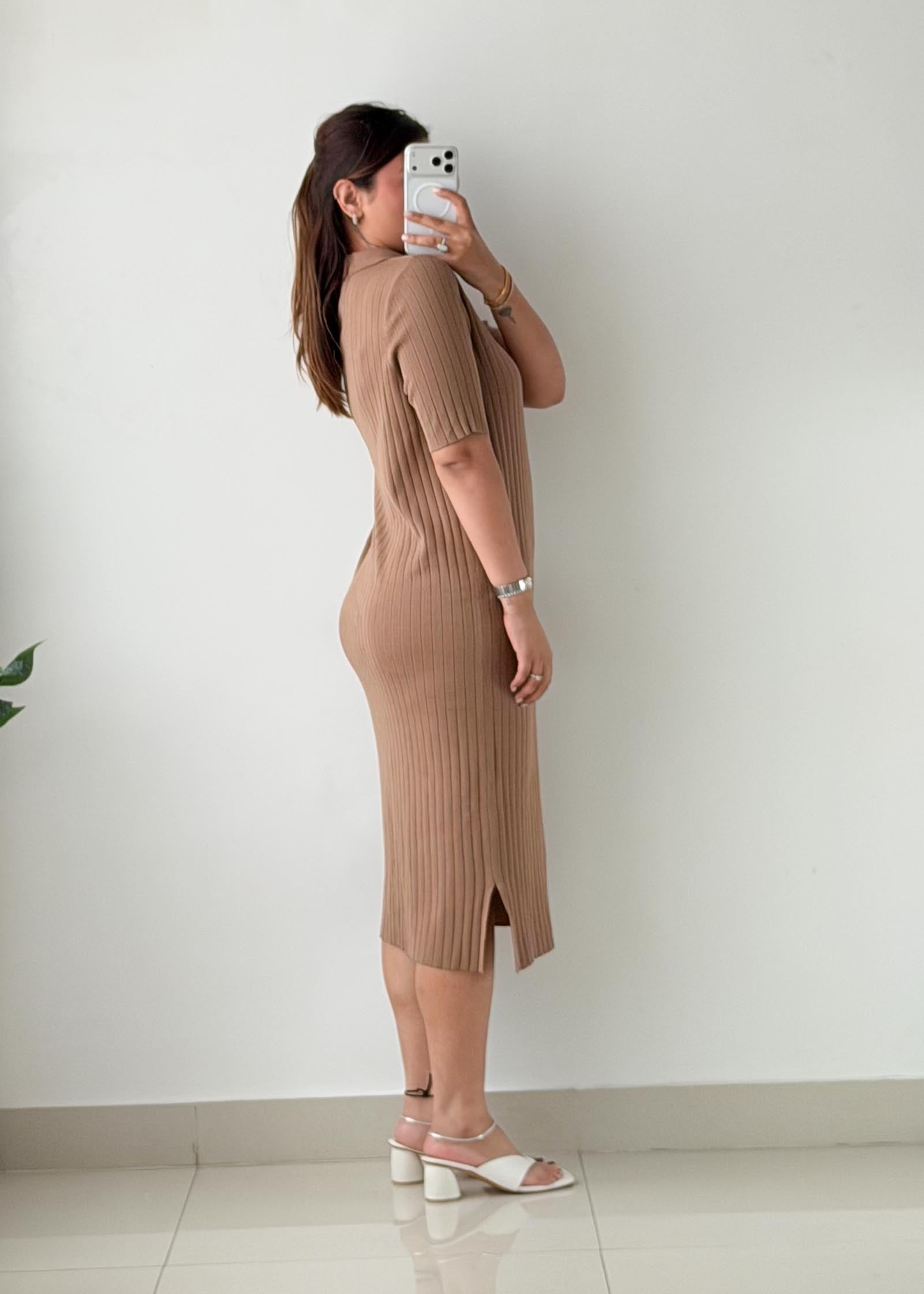 Size M-L Mocha Ribbed Polo Midi Dress