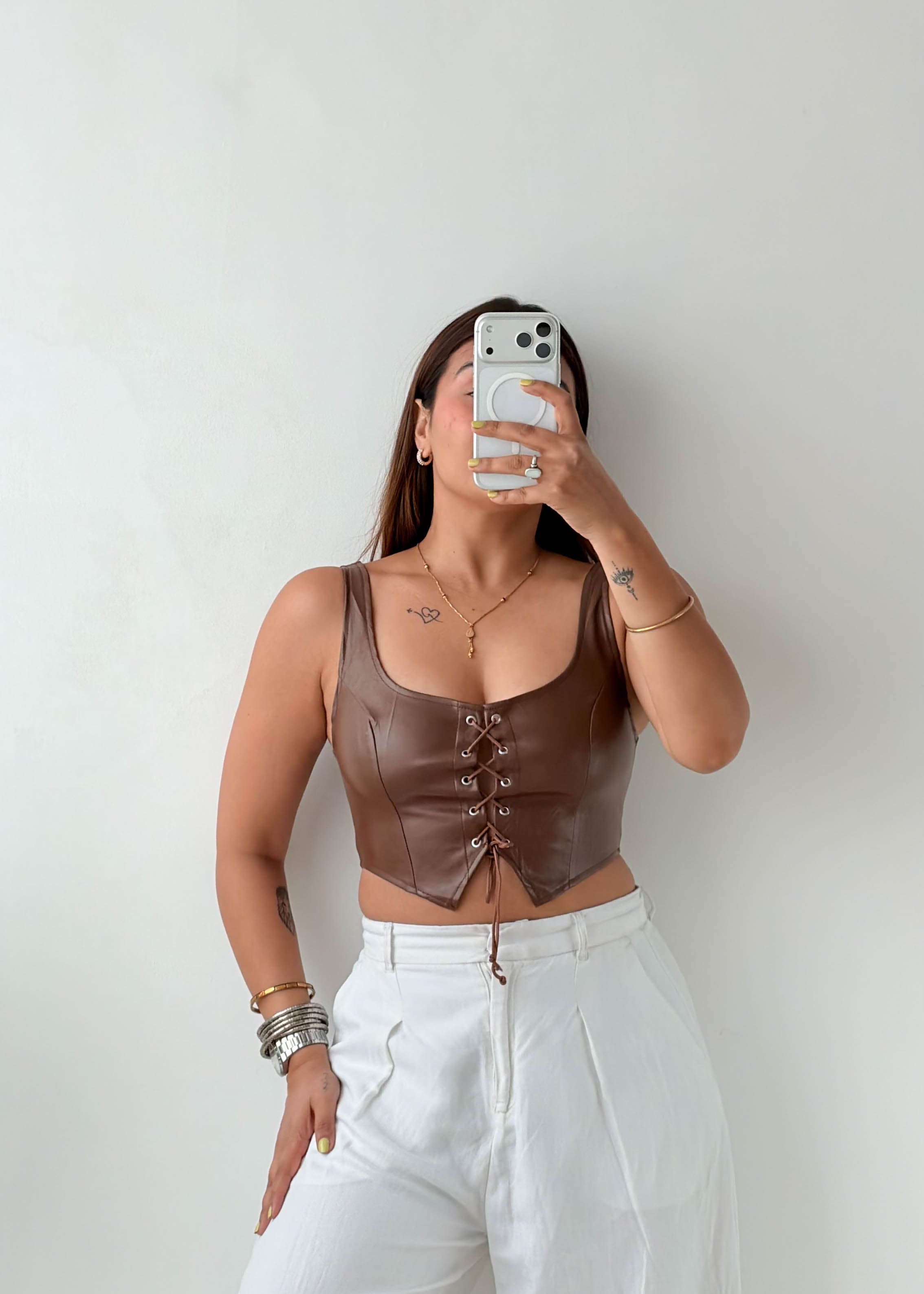 Size S-M Brown Lace-Up Faux Leather Top