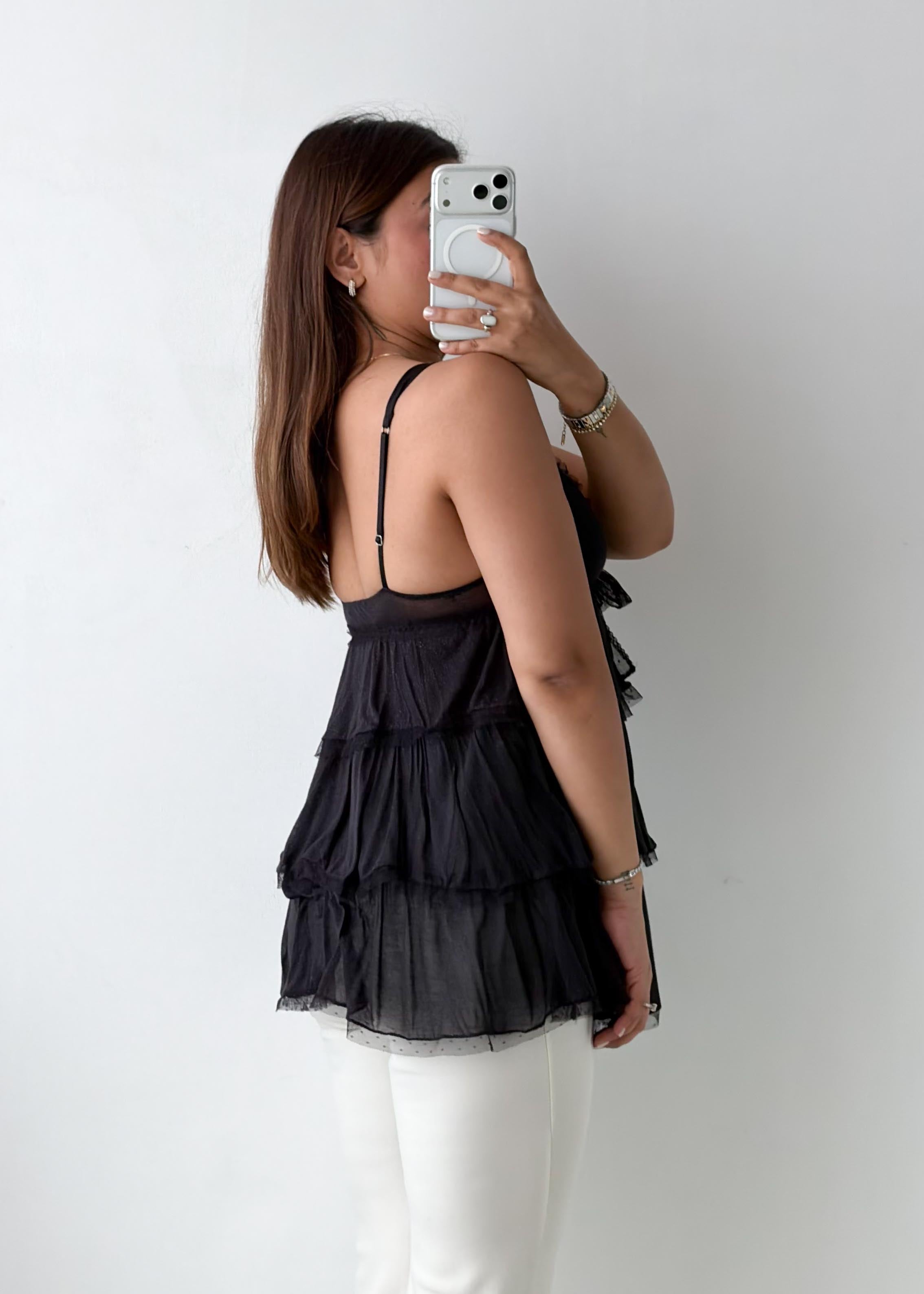Size XS-S Black Tiered Chiffon Cami Top