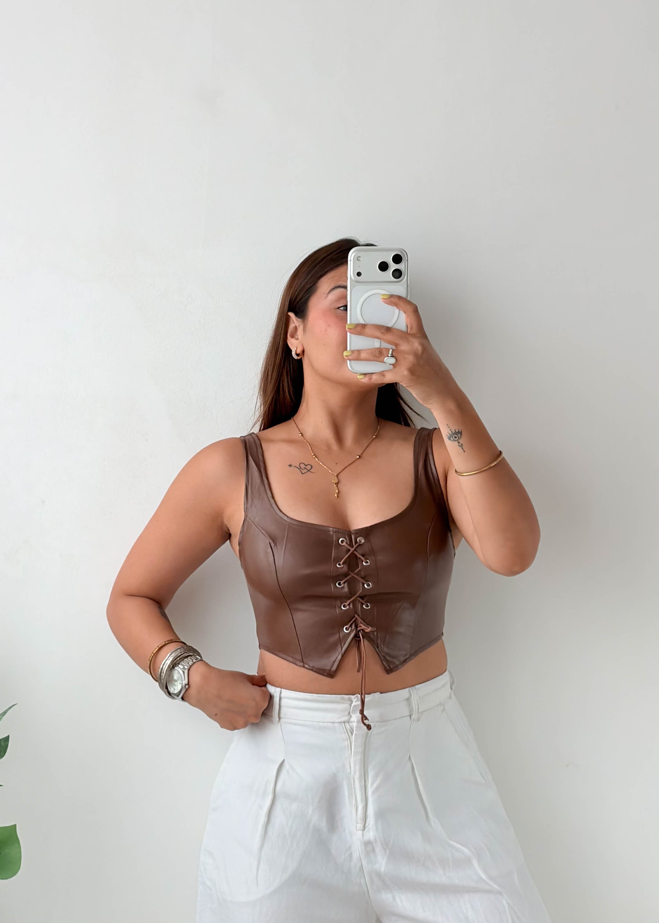 Size S-M Brown Lace-Up Faux Leather Top