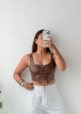 Size S-M Brown Lace-Up Faux Leather Top