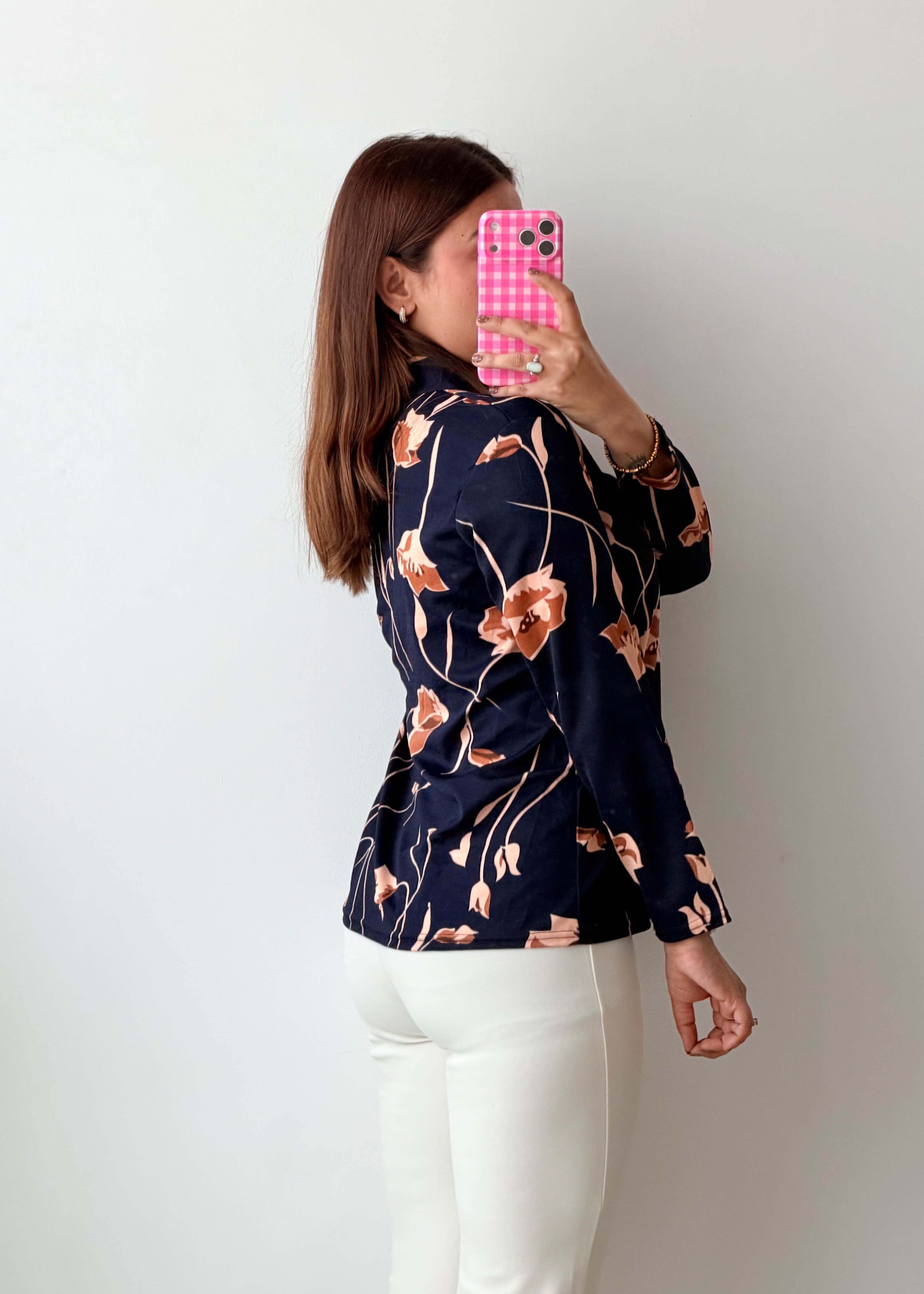 Size S-M Navy Beige Floral Print Shirt Top