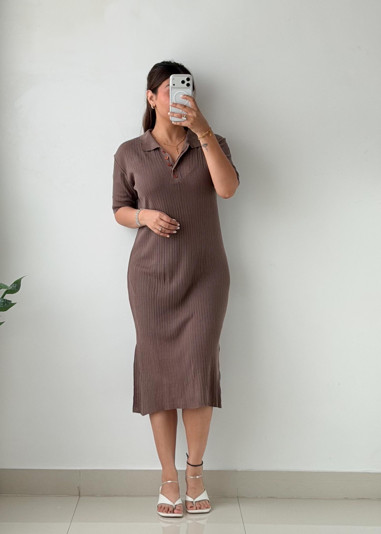 Size M-L Mocha Ribbed Polo Midi Dress