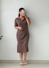 Size M-L Mocha Ribbed Polo Midi Dress