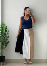 S-M Navy Color Block Pleated Maxi Dress