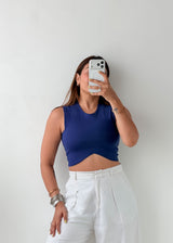 Size S-M Navy Asymmetric Hem Crop Top