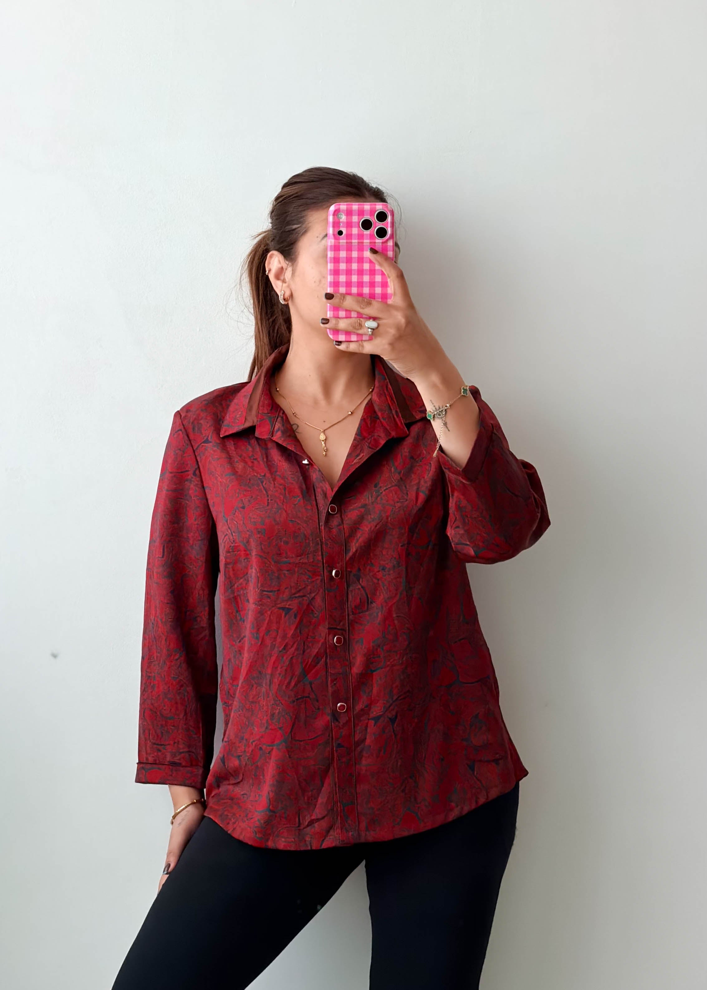Size S-M Maroon Abstract Print Shirt Top