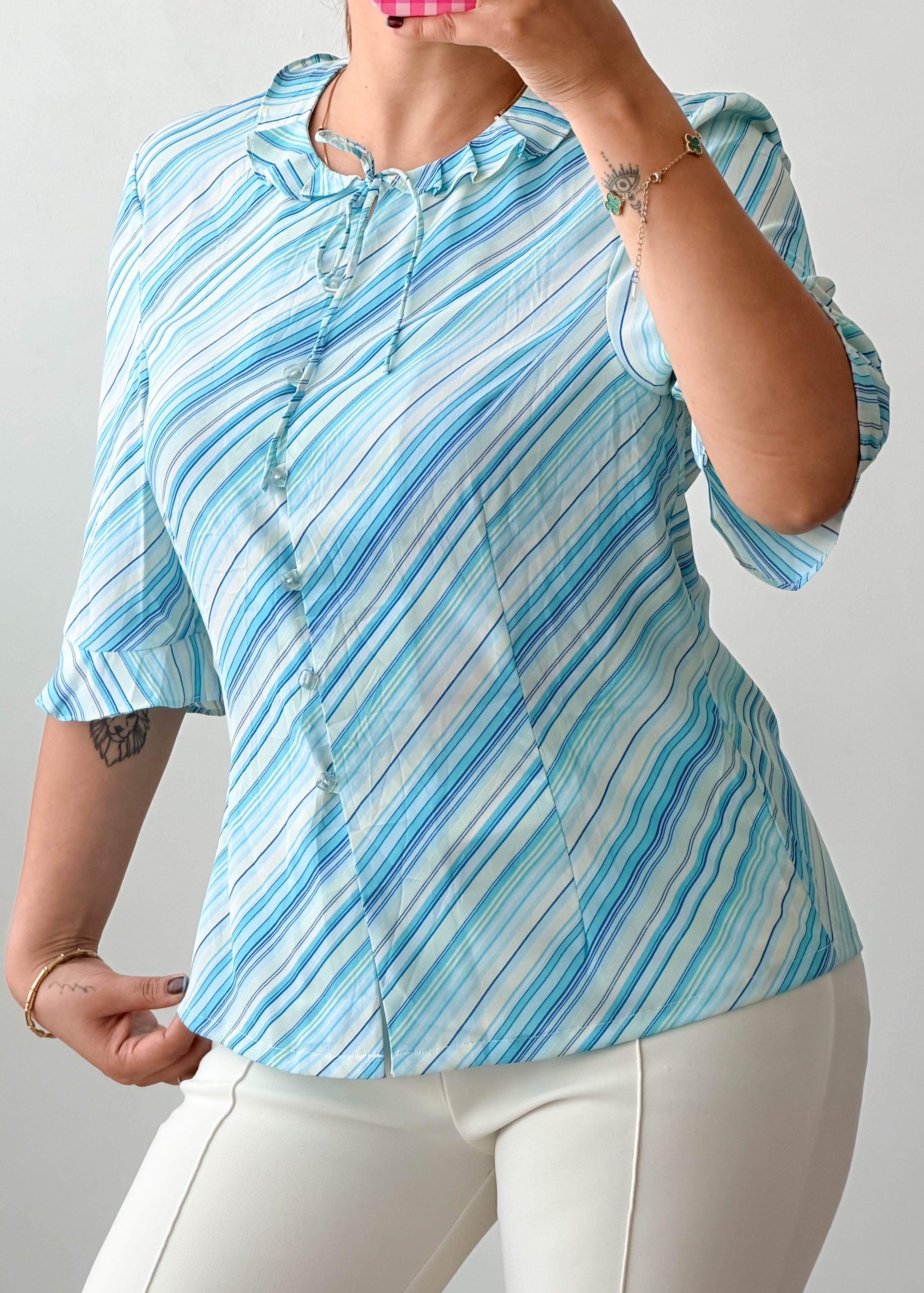 Size S-M Sky Blue Striped Tie-Neck Blouse