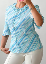 Size S-M Sky Blue Striped Tie-Neck Blouse