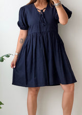 Size M-L Navy Tie-Neck Mini Dress
