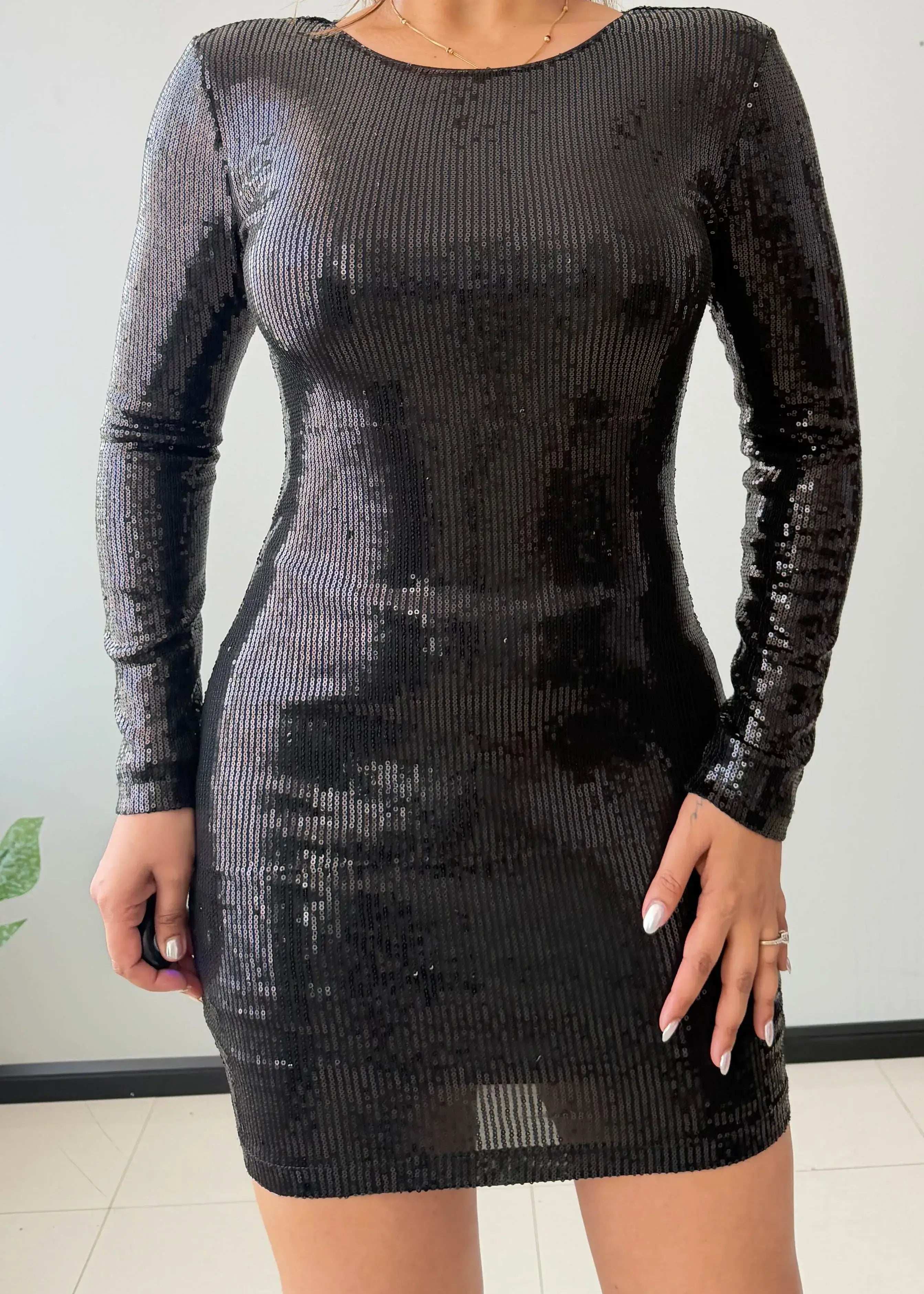 Size S-M, Black Sequin Long Sleeve Mini Dress - Closet by Payal