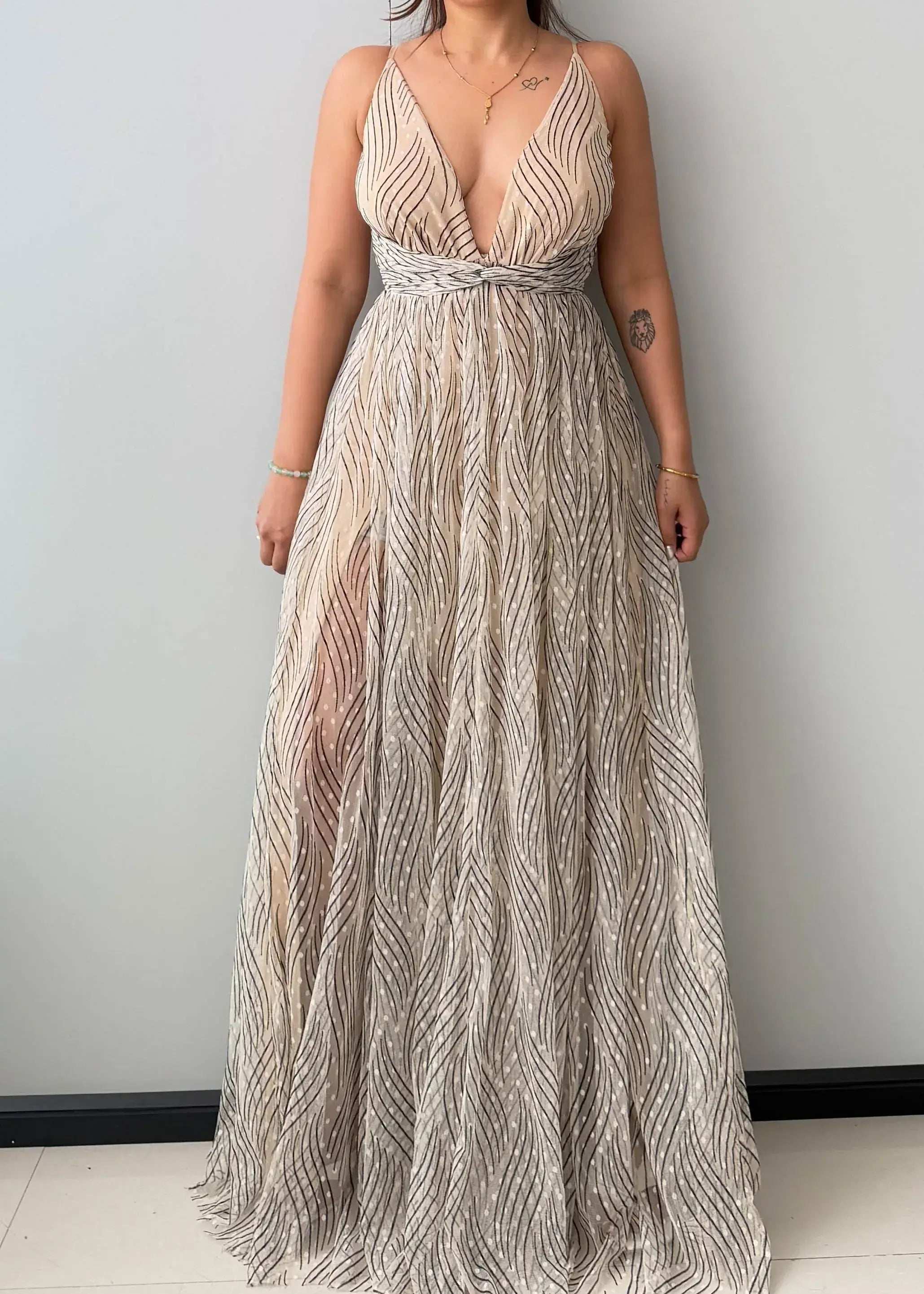 Size XS-S, Gold Plunge Neck Maxi Dress - Closet by Payal
