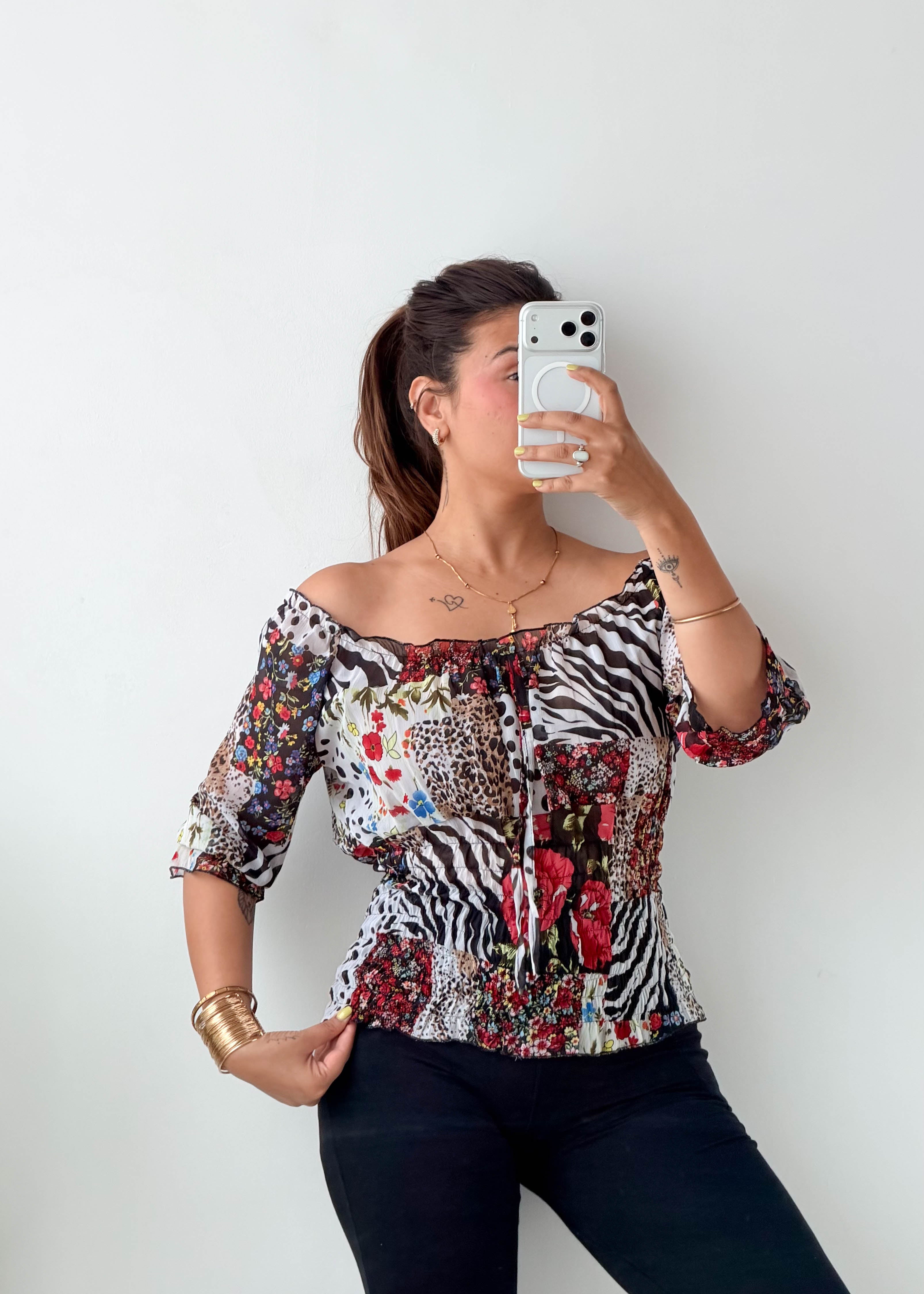 Size S-M Multicolor Patchwork Off-Shoulder Top