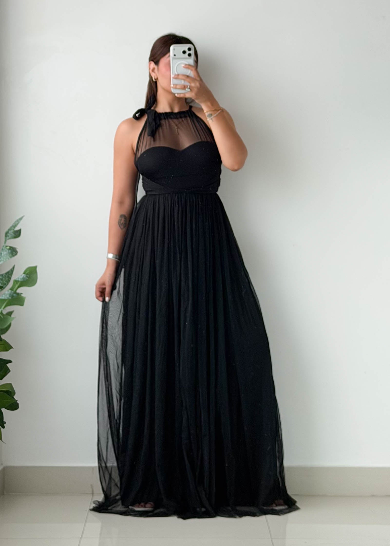 Size XS-S Black Mesh Neck Maxi Dress