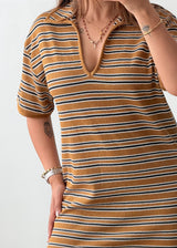 Size M-L Brown Stripe Collared Knit Maxi Dress