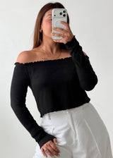 Size M-L Black Off-Shoulder Ribbed Top