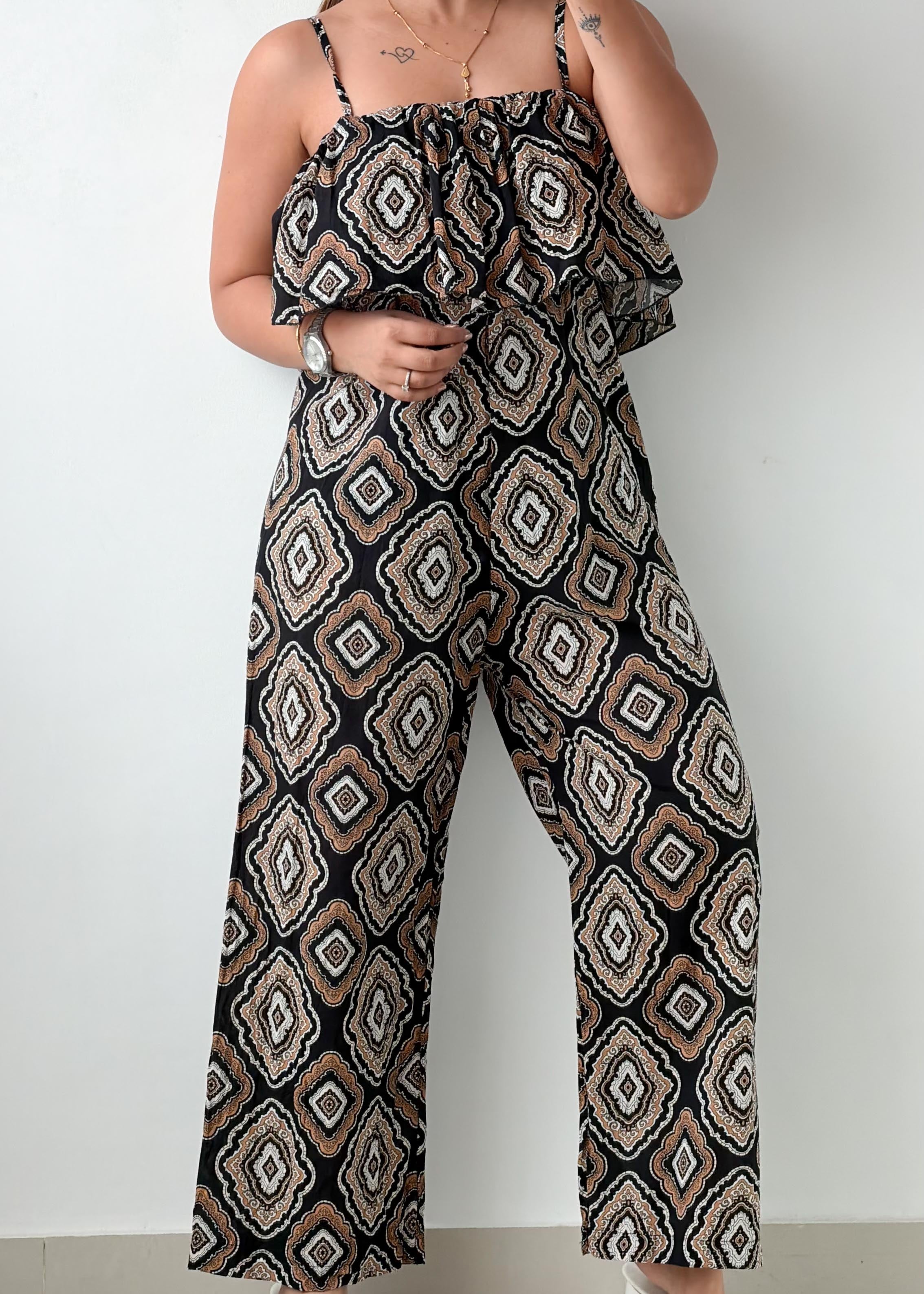 Size S-M Brown Geometric Print Wide-Leg Jumpsuit