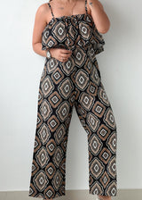 Size S-M Brown Geometric Print Wide-Leg Jumpsuit