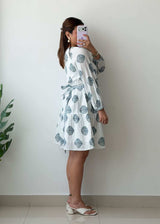 S-M White Blue Printed Smocked Mini Dress