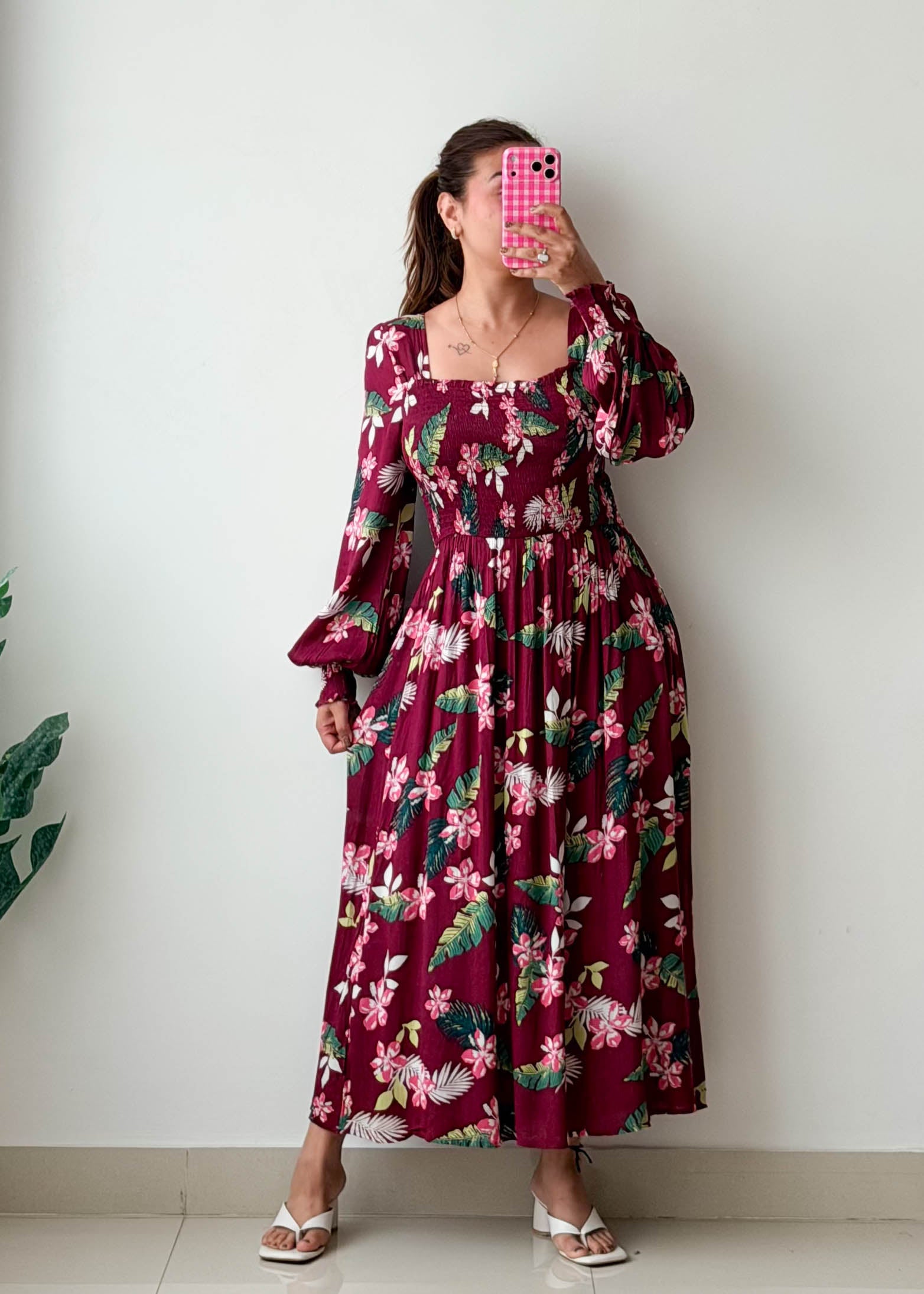 Size S-M Burgundy Floral Midi Dress