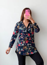 Size XS-S Navy Multicolor Floral Longline Shirt Top