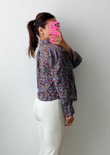 Size M-L Blue Floral Puff Sleeve Shirt Top